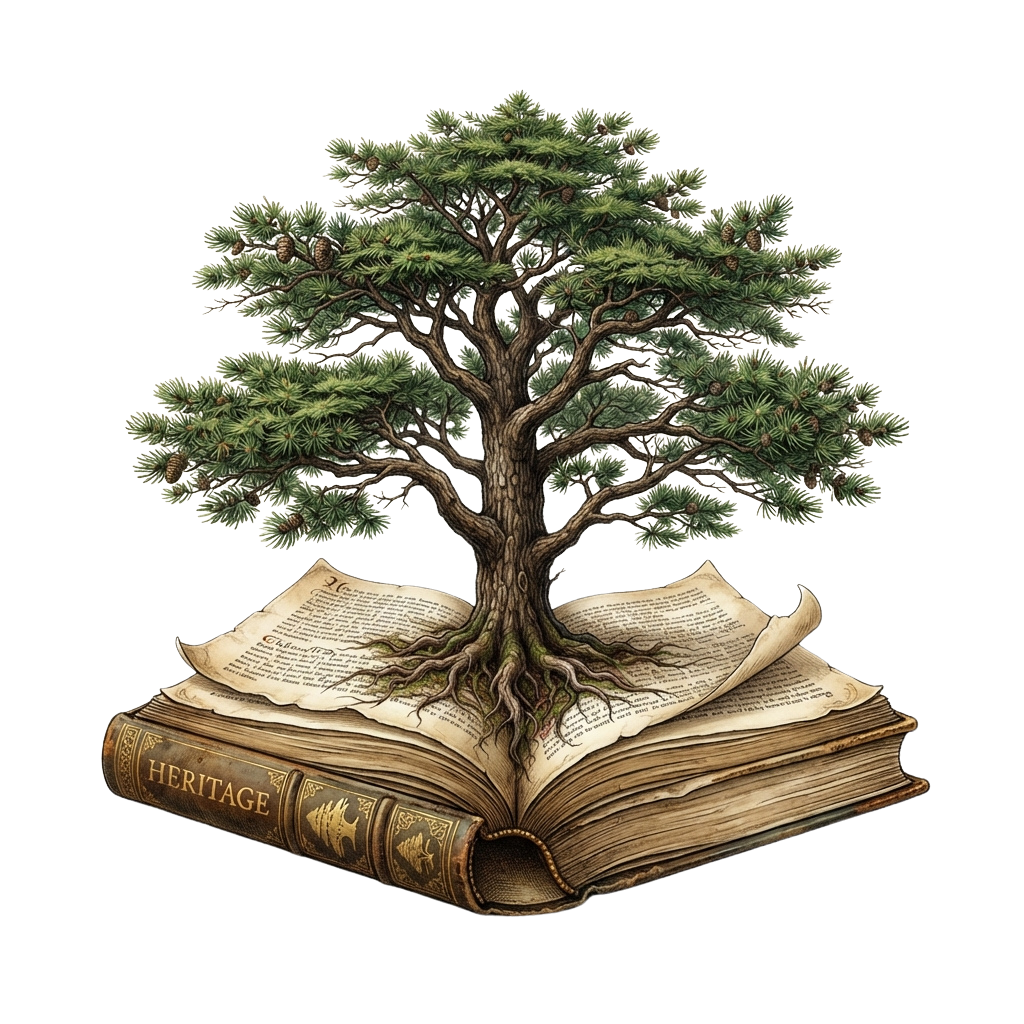 An open book with the word Heritage on its cover, with a tree growing from its pages.