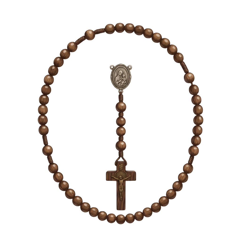 A brown wooden rosary with a crucifix and a medal charm on a black background