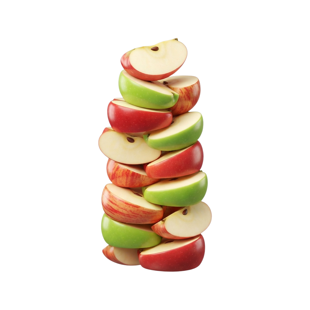 A spiral stack of apple slices in red and green colors arranged in a tower shape