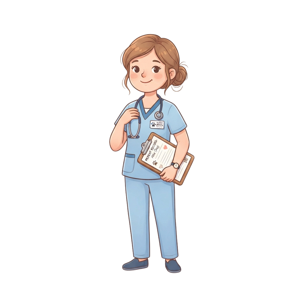 Smiling cartoon nurse in blue scrubs holding a stethoscope and clipboard