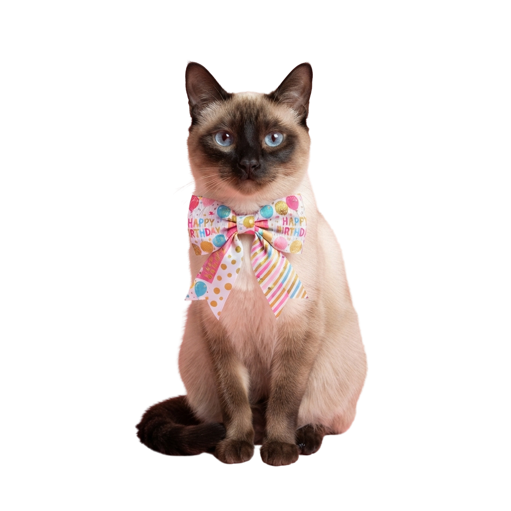 Siamese cat sitting and wearing a colorful birthday bow tie with Happy Birthday text