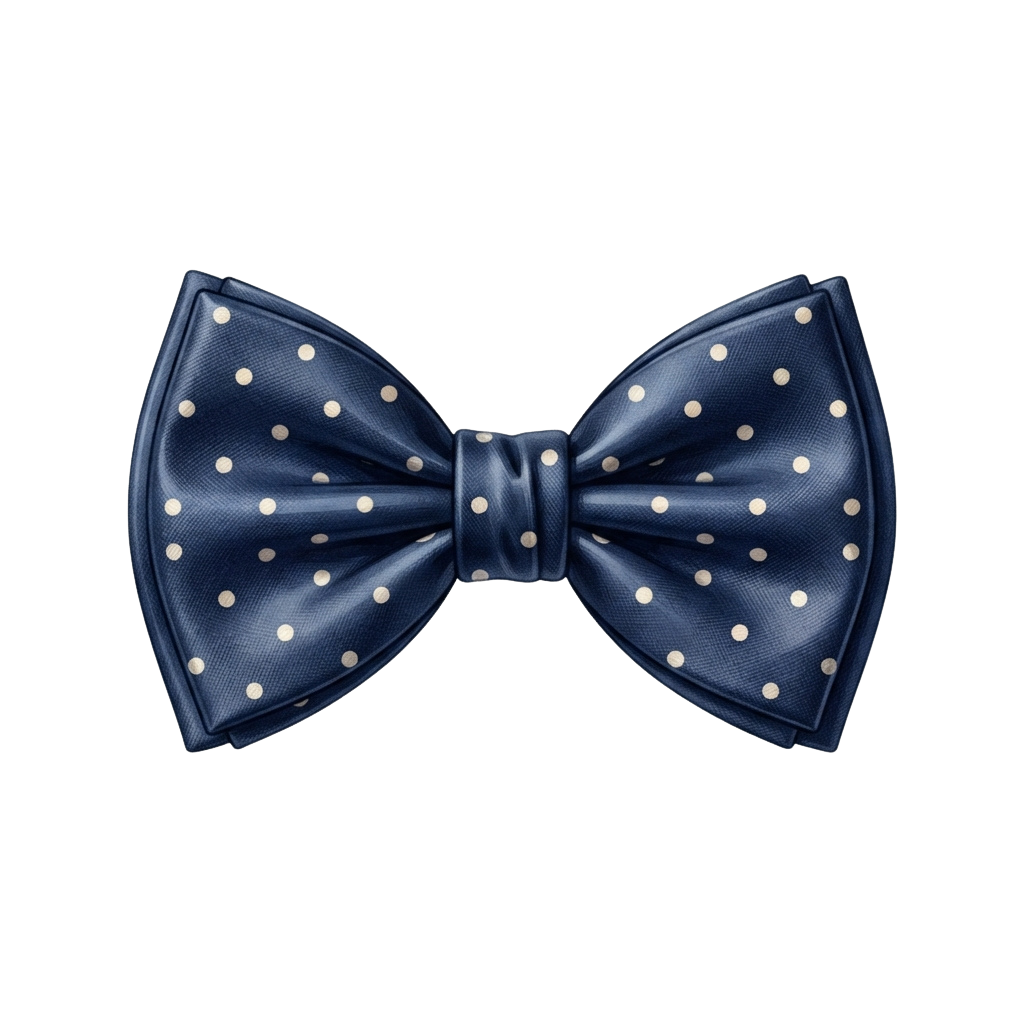 A navy blue bow tie with small white polka dots displayed against a black background