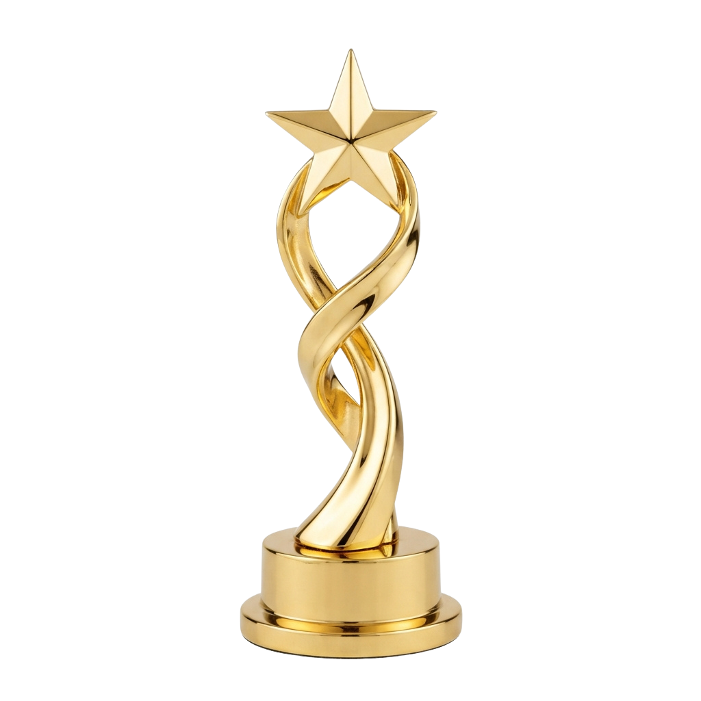 A shiny gold trophy featuring a star on top and intertwined swirls in the middle, mounted on a round base.