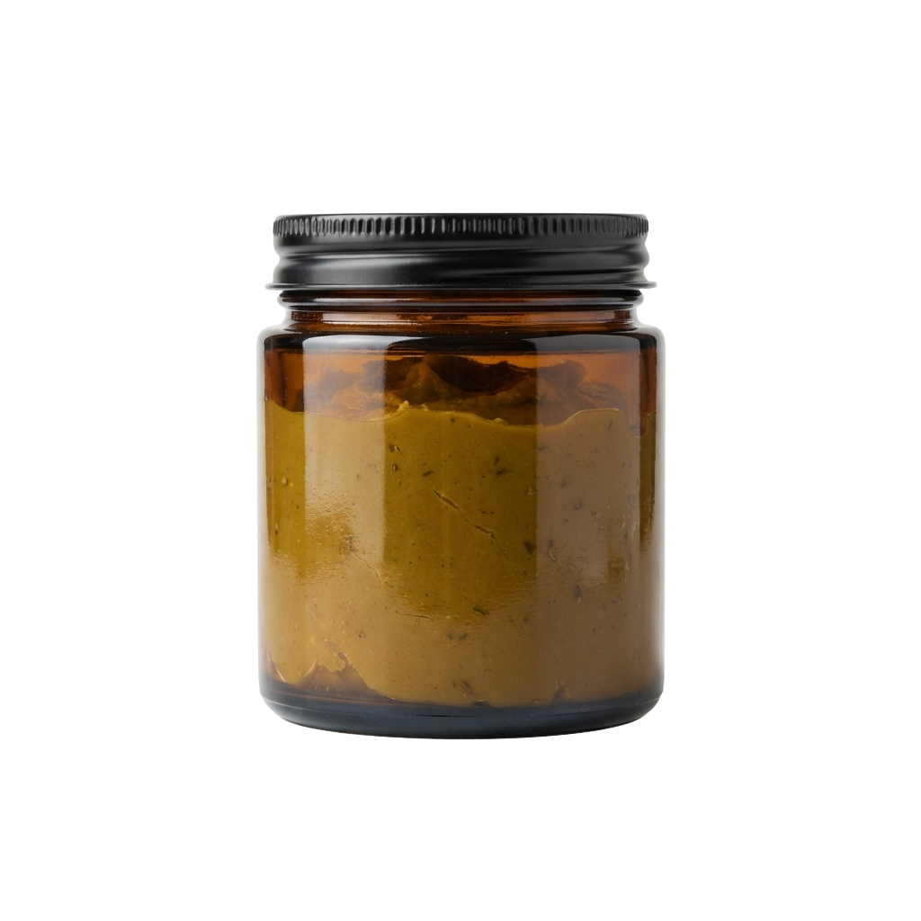 A small amber glass jar with a black lid containing a thick, yellowish salve or balm.