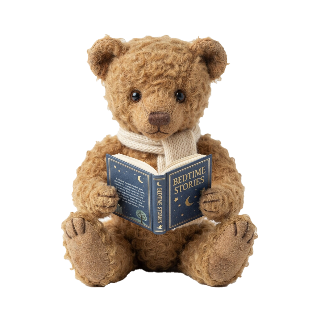 A light brown teddy bear sitting and reading a book titled Bedtime Stories with a crescent moon on the cover
