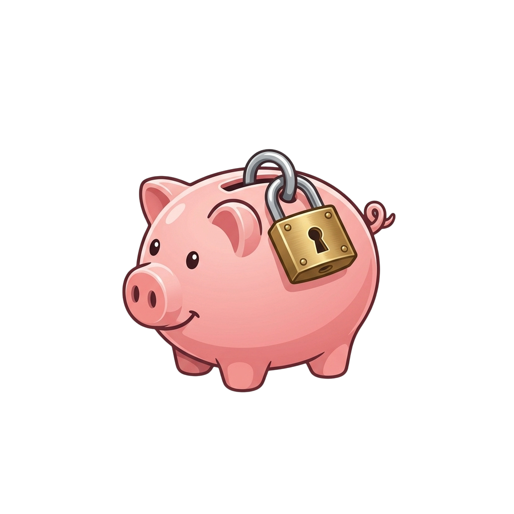A cartoon piggy bank with a golden lock on its slot, smiling and pink in color