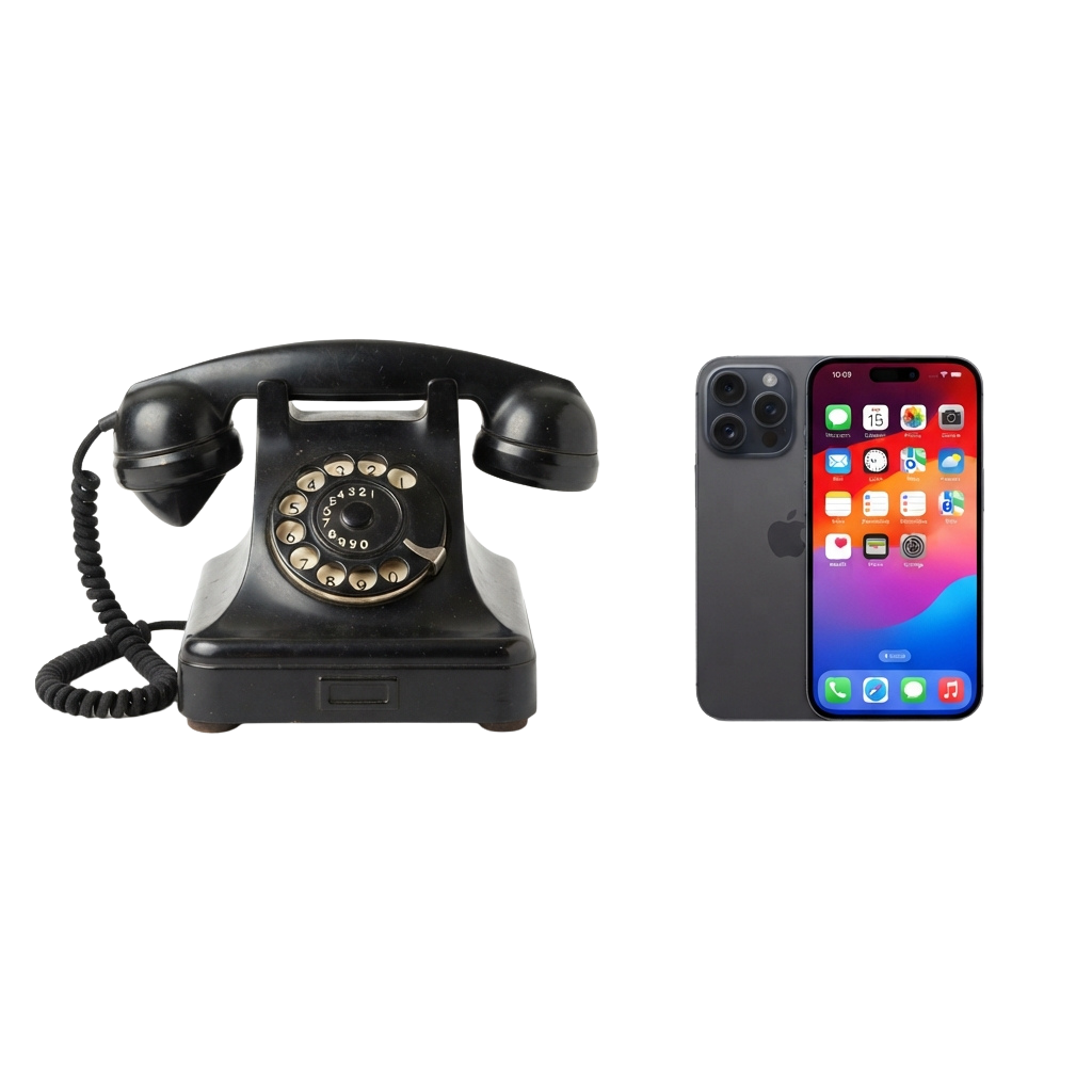A black vintage rotary phone next to a modern smartphone with a colorful home screen