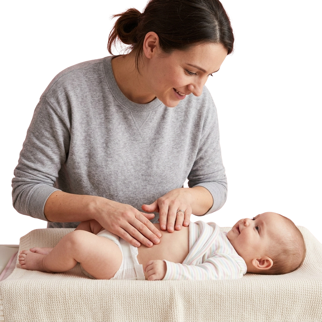A woman assisting a baby during tummy time on a soft mat