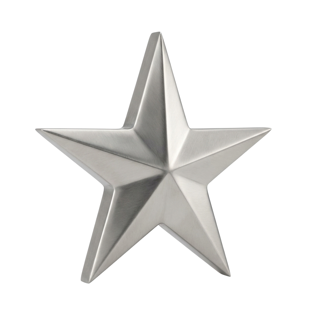 A three-dimensional metallic star with a shiny, reflective surface against a black background