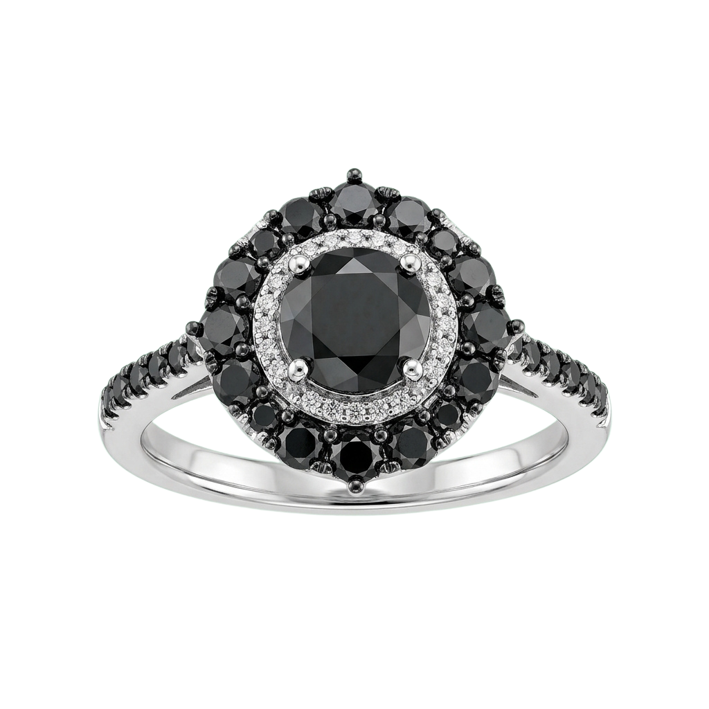 A ring with a large black diamond centerpiece surrounded by smaller black diamonds and white gemstones on a silver band