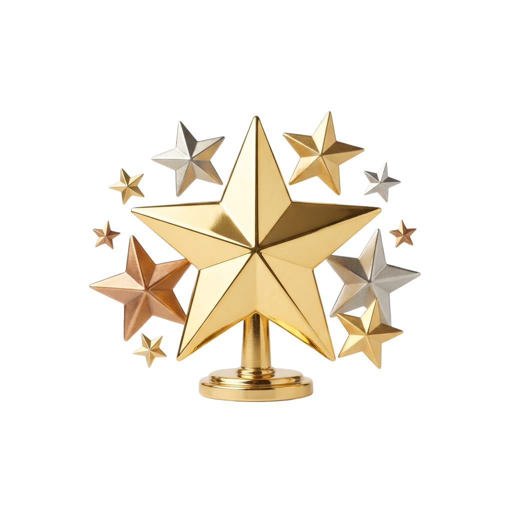 A large gold star trophy with smaller metallic stars arranged around it on a black background