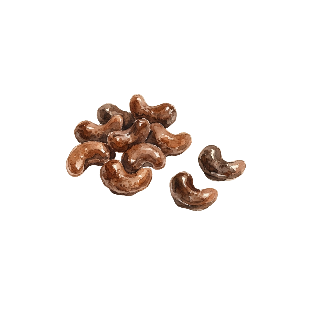 A cluster of whole natural cashew nuts with a few separated pieces on a dark background