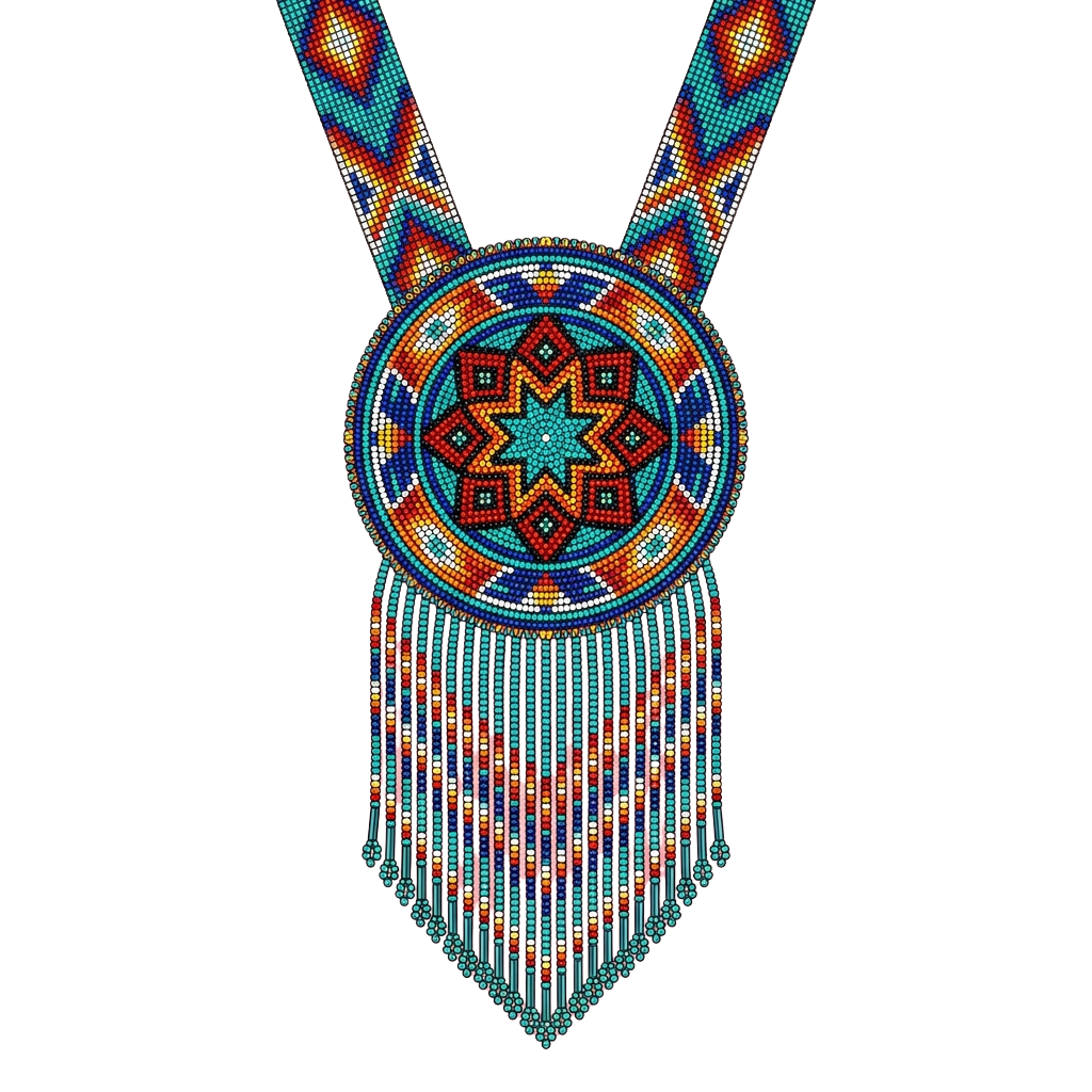Colorful beaded necklace featuring a star pattern with fringe hanging from the bottom