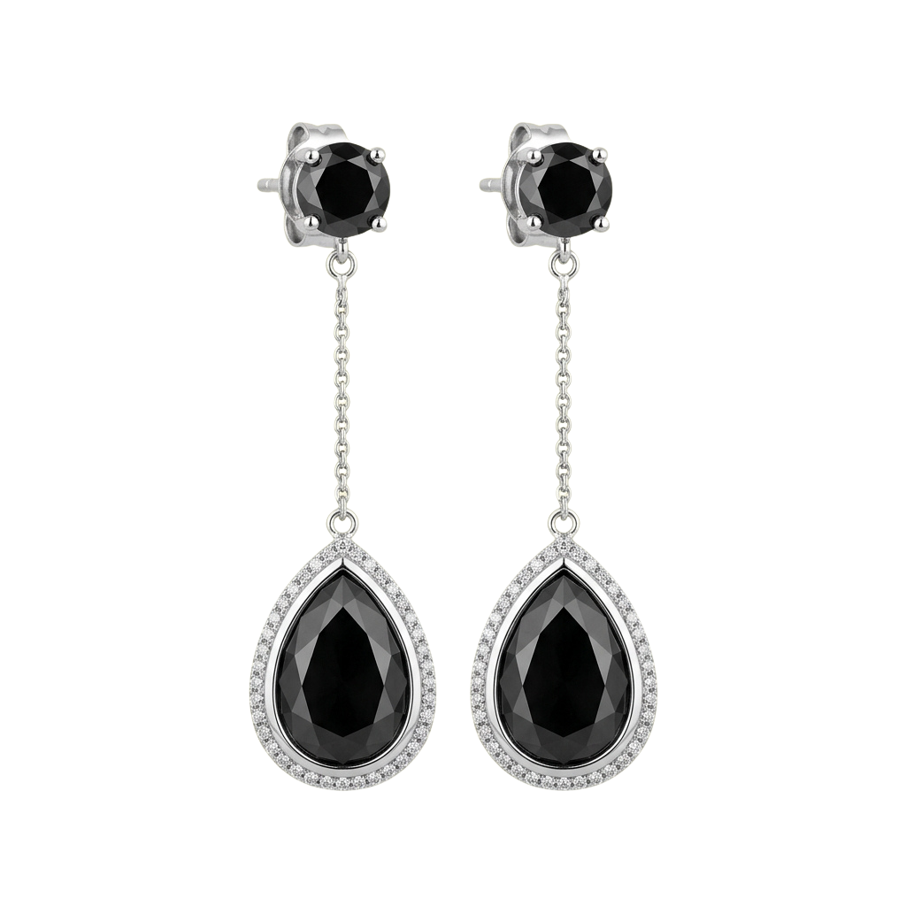 Pair of silver drop earrings featuring teardrop-shaped black gemstones with small diamonds on the border