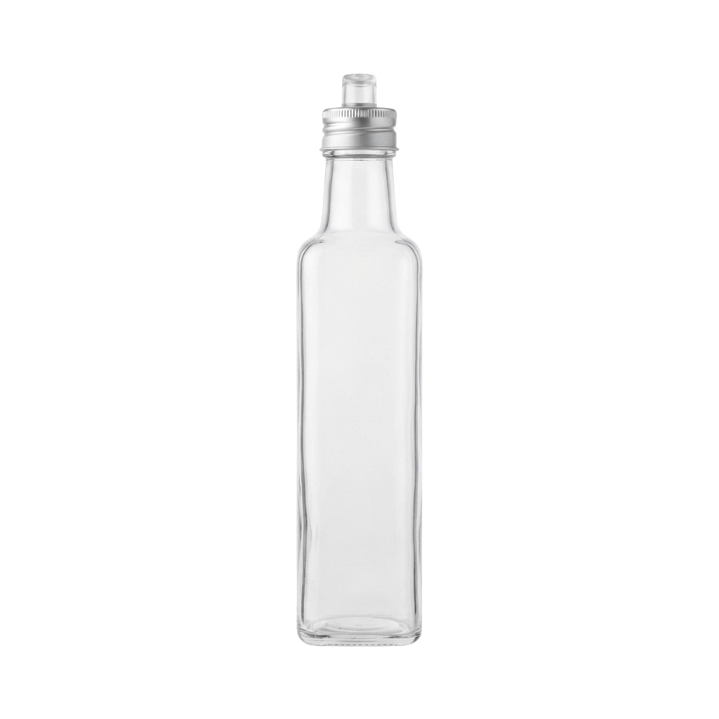 A clear glass bottle with a metal screw cap shown against a black background