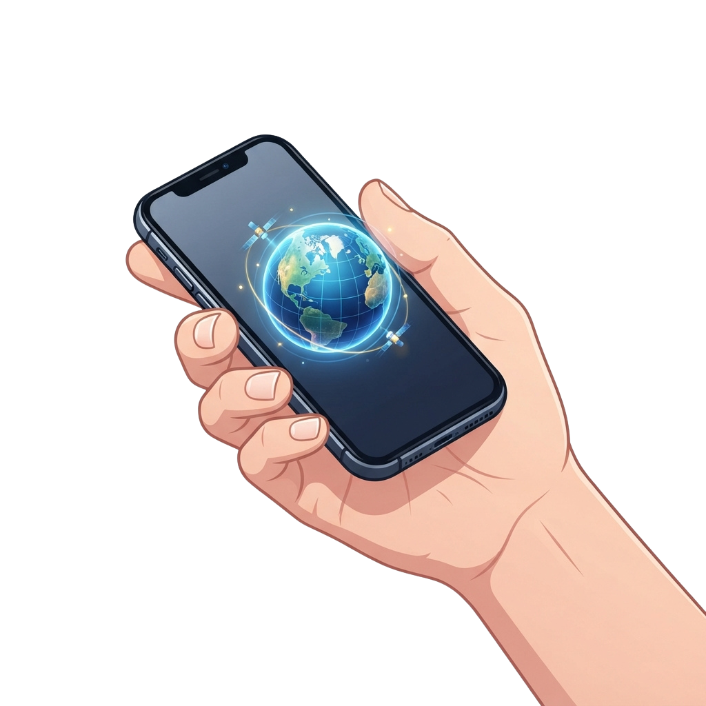 Illustration of a hand holding a smartphone displaying a glowing globe with network signals.