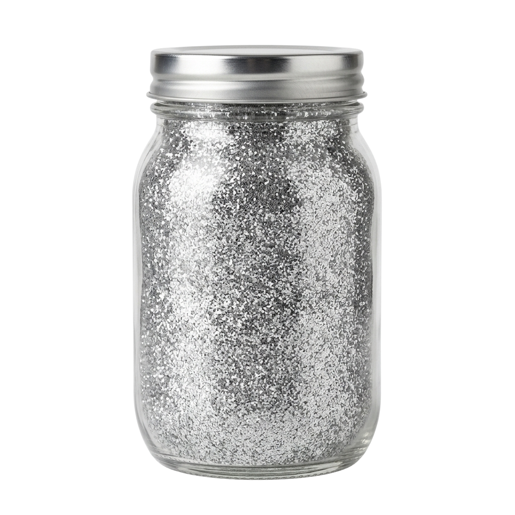 A clear glass jar filled with small, granular white particles and a metal lid.