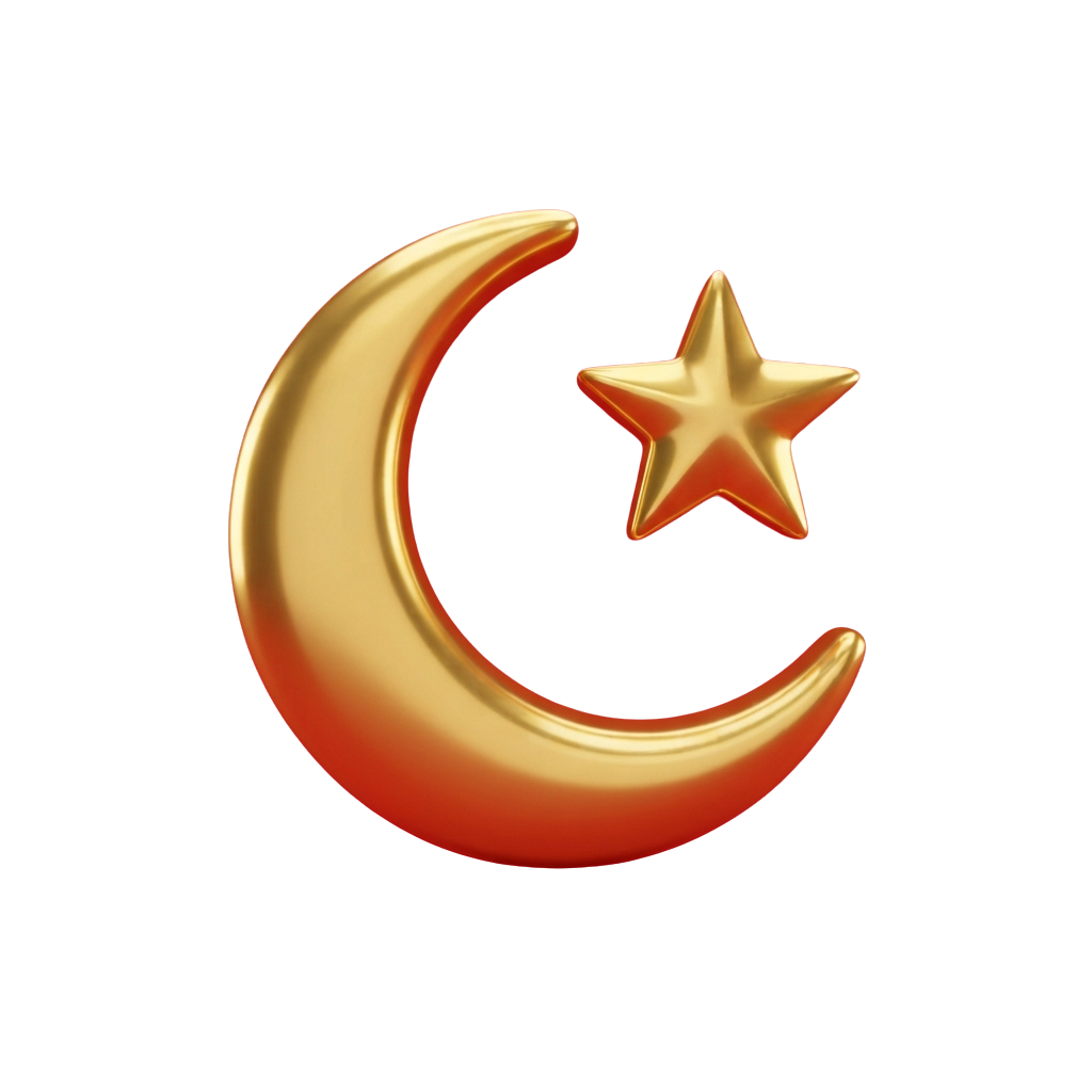 A shiny golden crescent moon with a star positioned near its tip on a black background