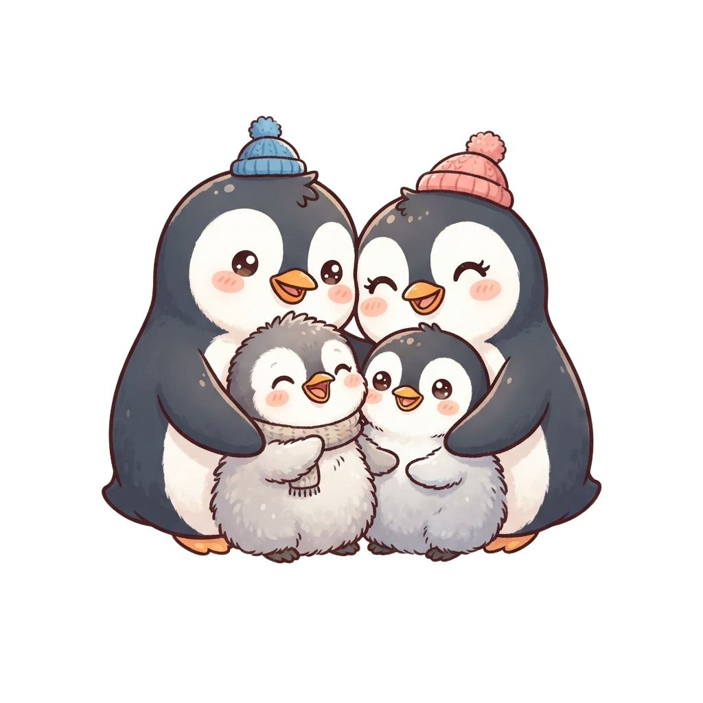 Four cartoon penguins hugging, two adults and two chicks, all wearing winter hats and scarves