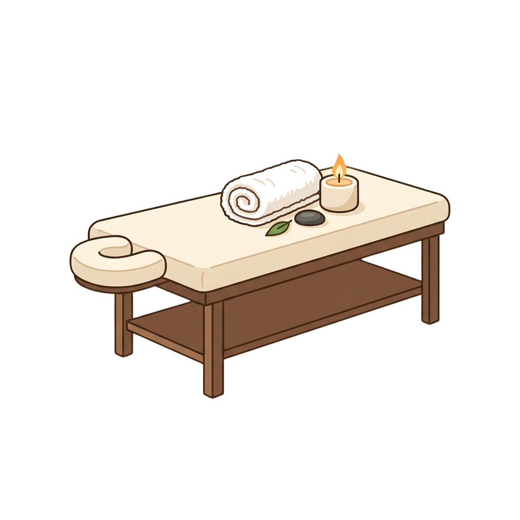 A massage table with a rolled towel, candle, and small black stone on top, ready for a spa treatment session