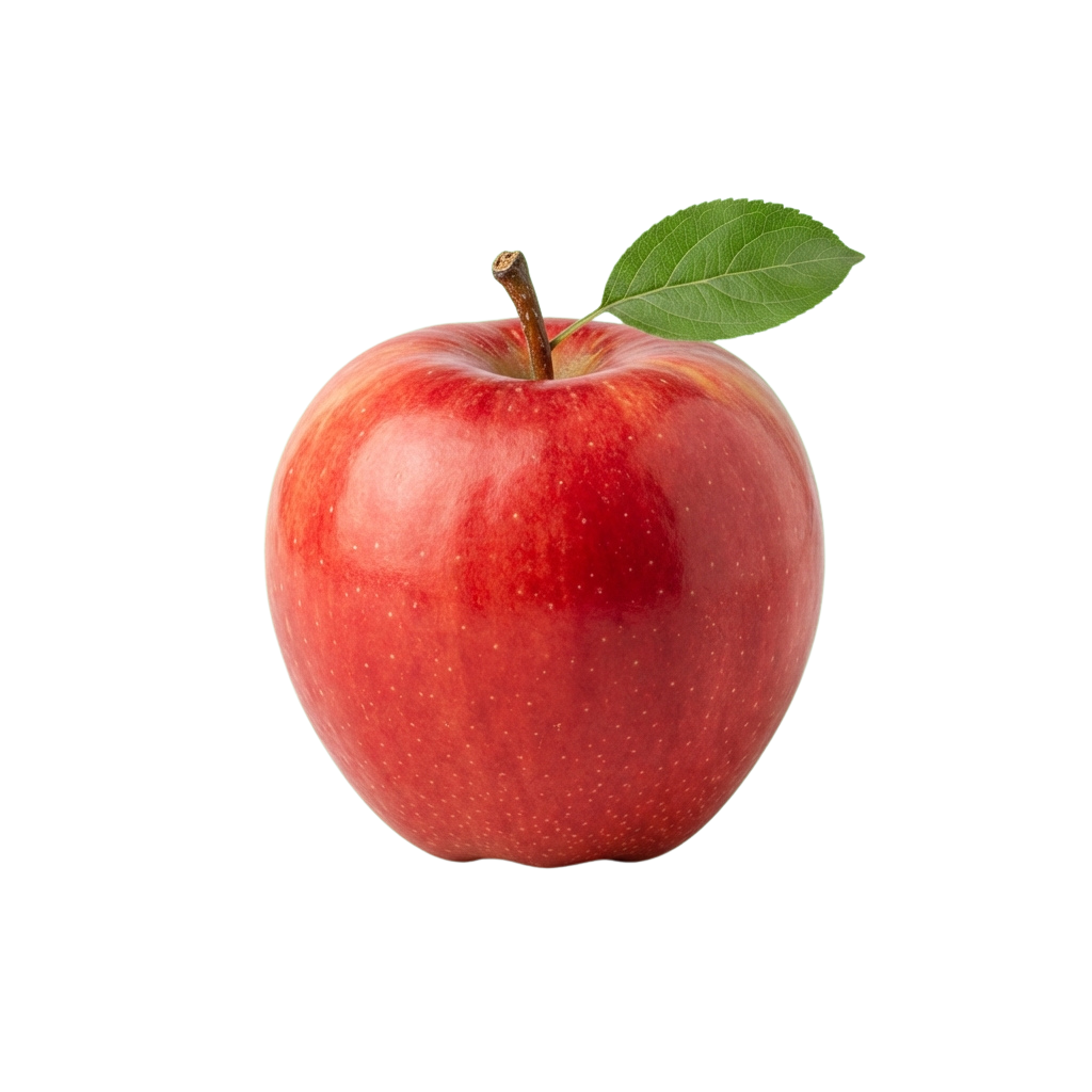 A single red apple with a green leaf attached, shown against a black background