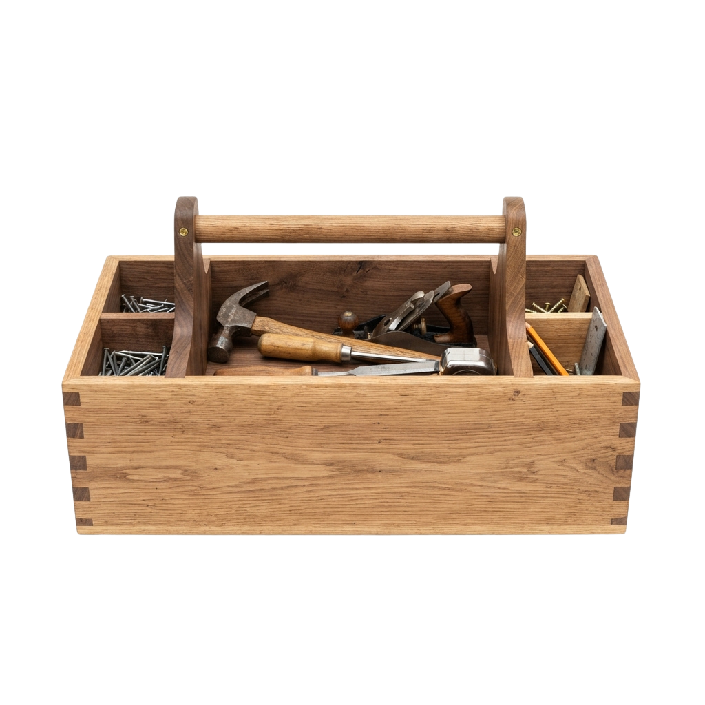 A wooden toolbox filled with various hand tools and nails