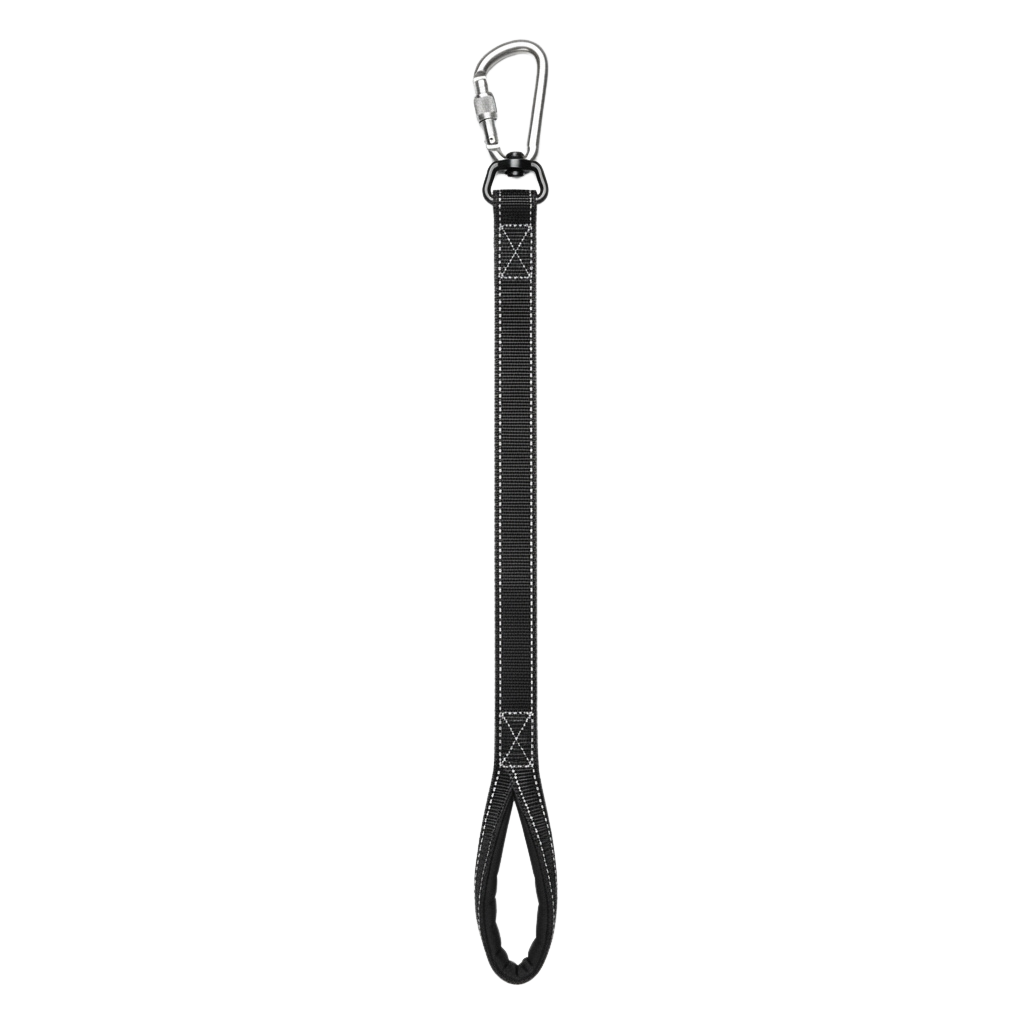 Black adjustable lanyard with a metal carabiner and a loop at the bottom