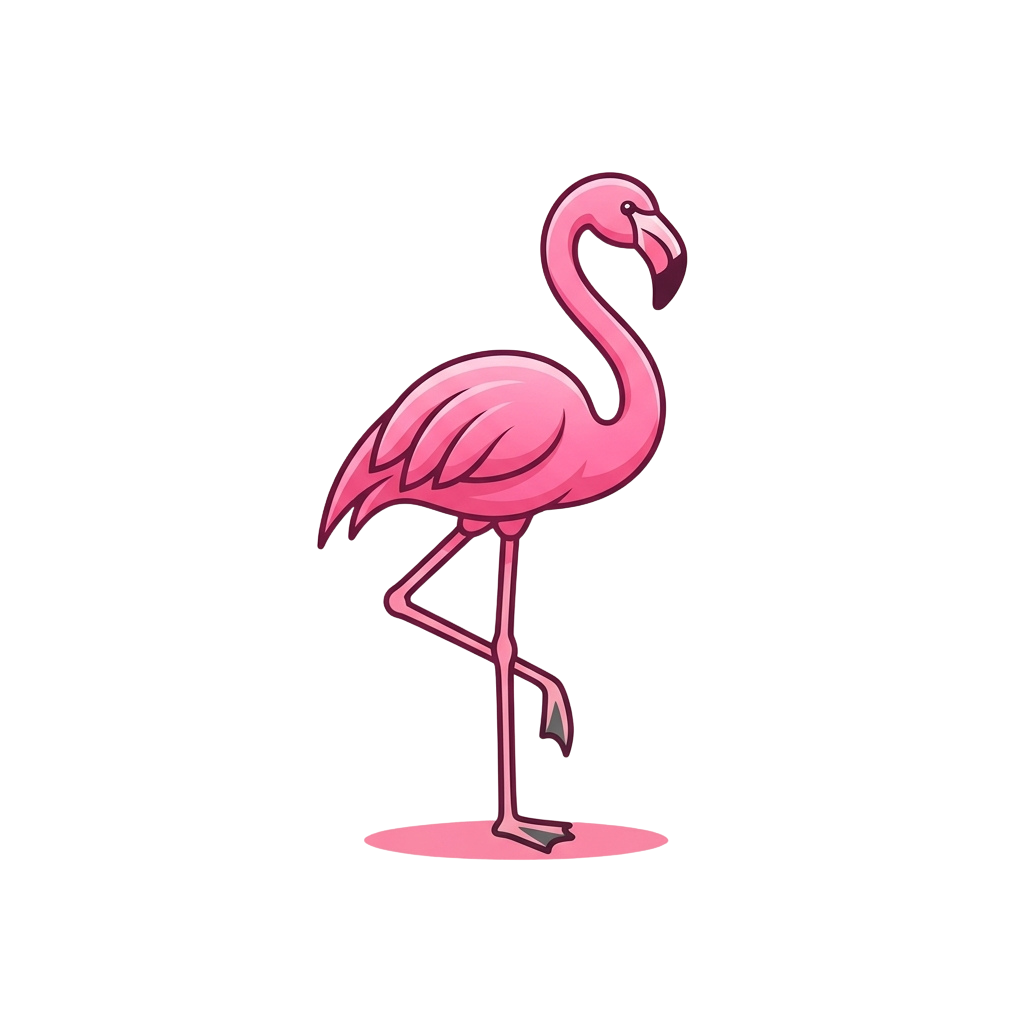 A stylized pink flamingo standing on one leg against a black background
