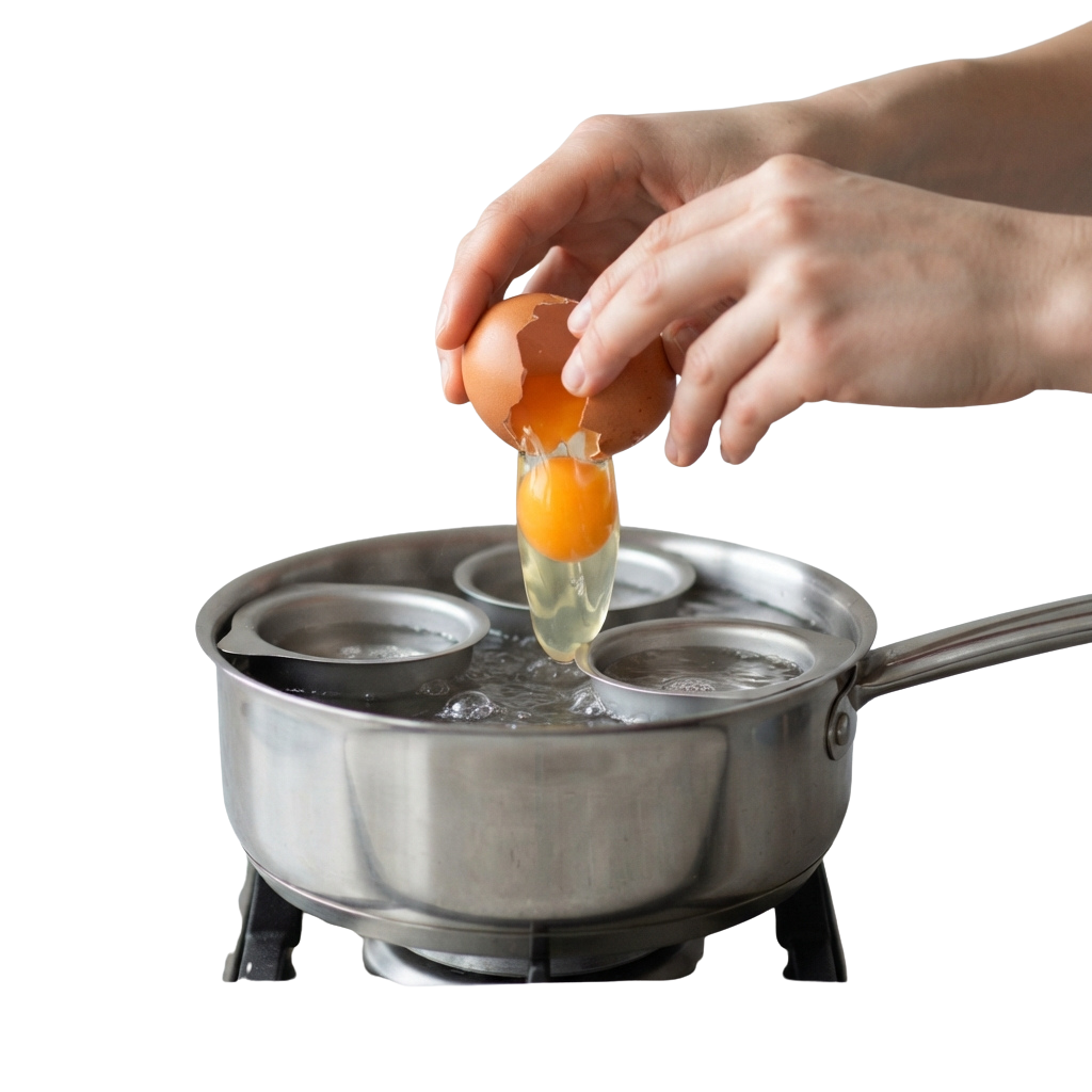 Hands cracking an egg into a hot pan with bubbling water