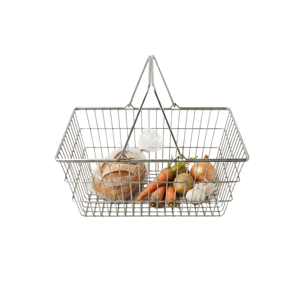 A metal shopping basket filled with a loaf of bread, garlic, and several apples.