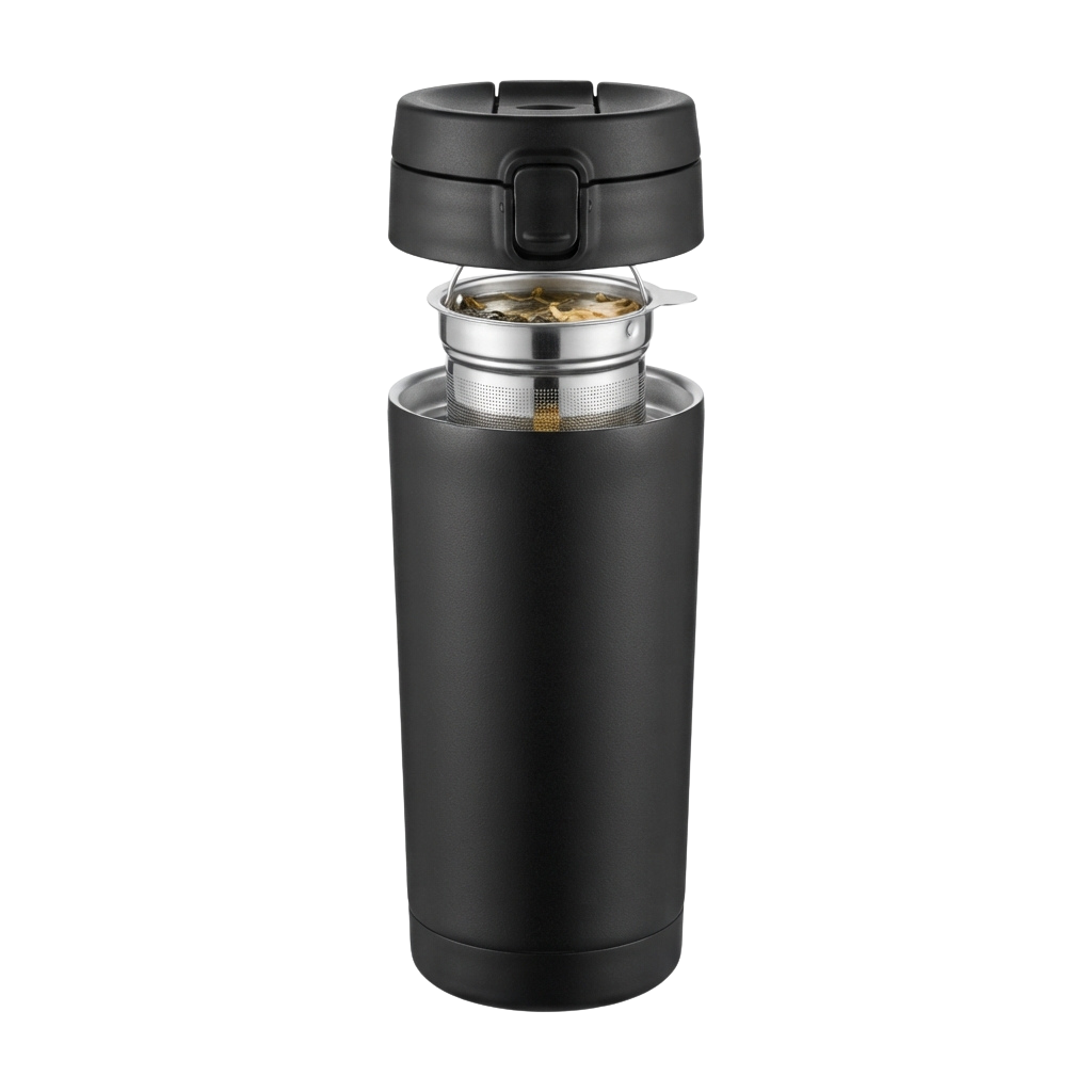 A black insulated thermos with a stainless steel interior and lid, showing hot beverage inside