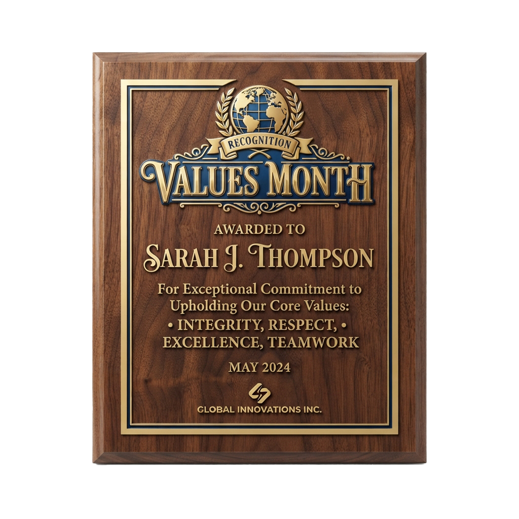 Wooden plaque awarding recognition for commitment to core values in May 2024