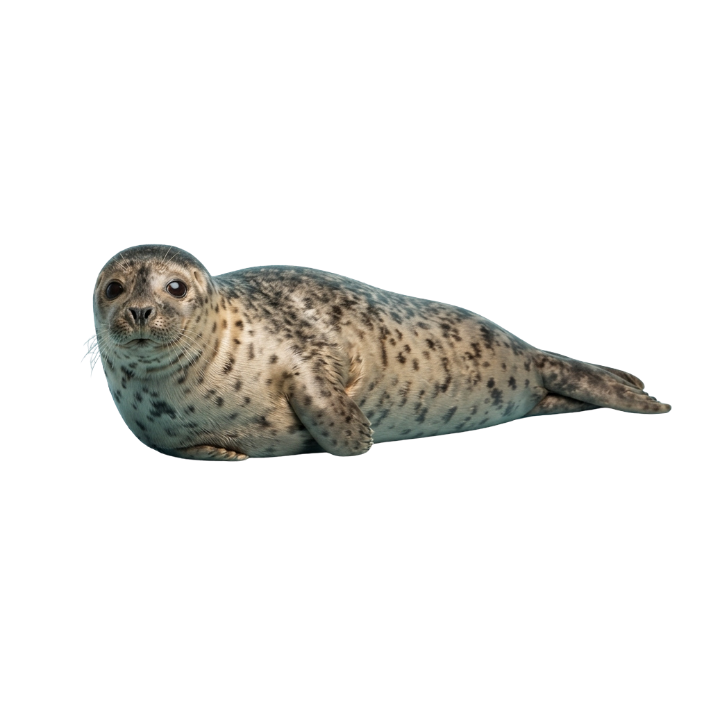 A young harbor seal with light fur and dark spots resting on a flat surface