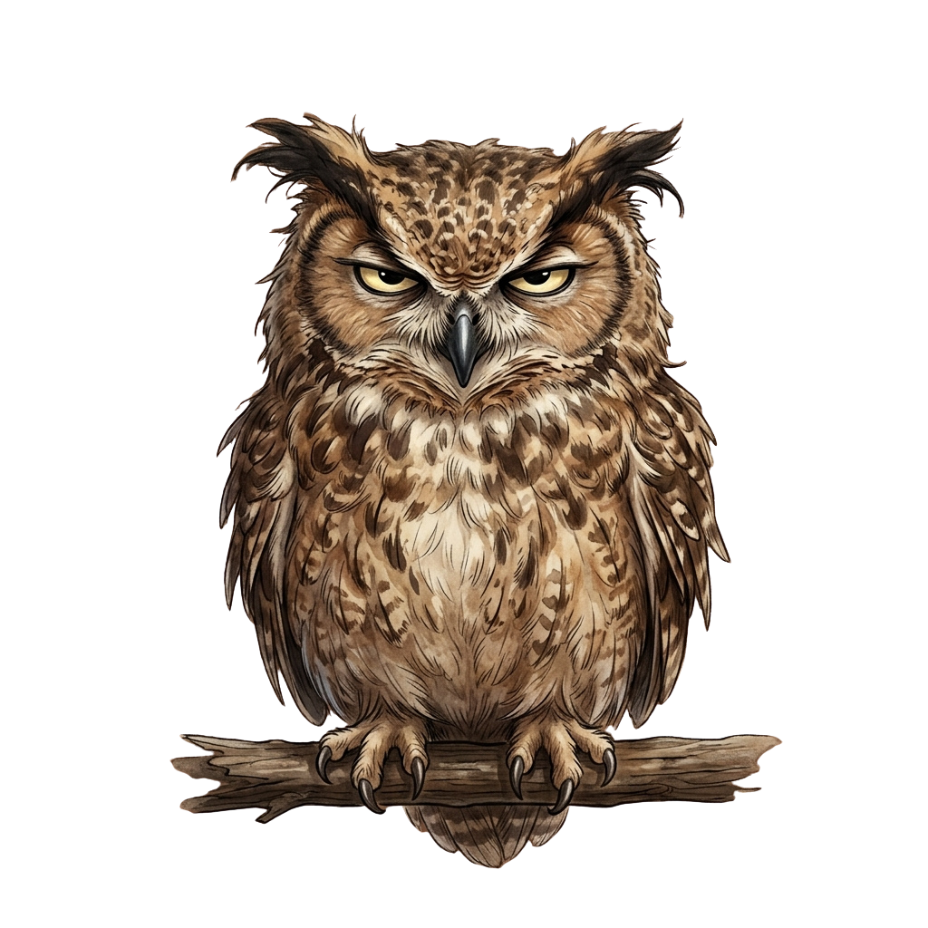 A detailed illustration of an owl sitting on a branch with a stern expression.
