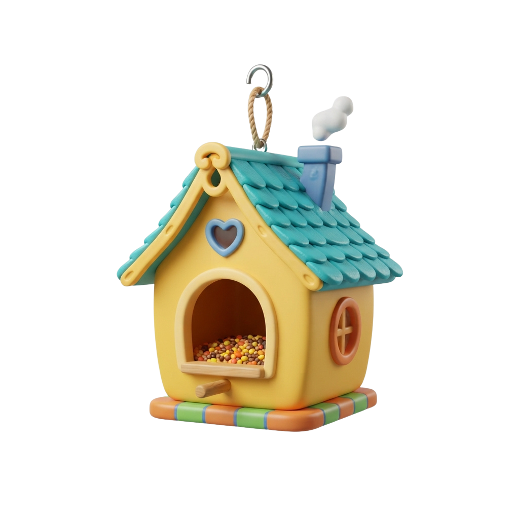 A charming birdhouse-style feeder filled with birdseed, featuring a blue roof, heart decorations, and a small chimney.