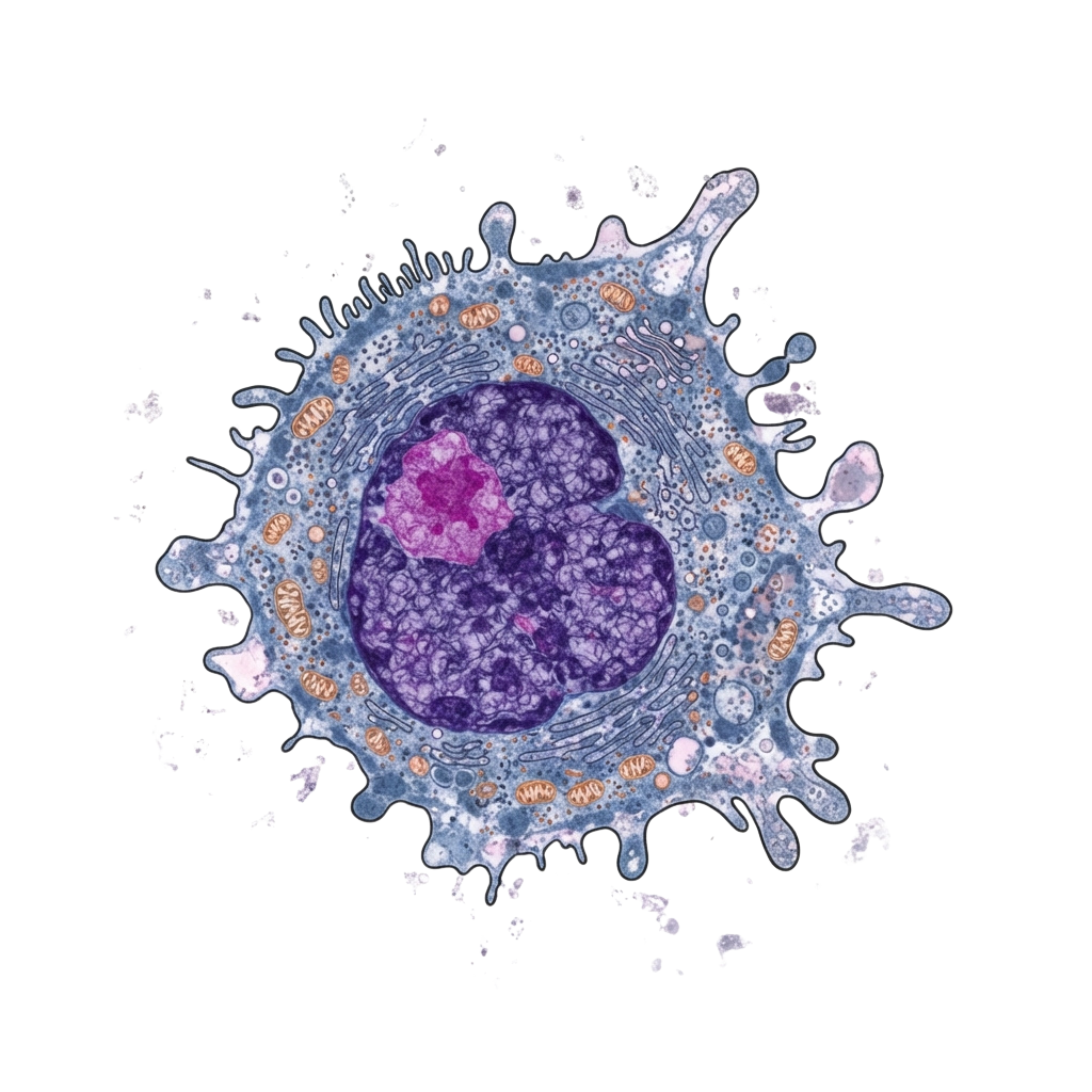 Illustration of a coronavirus cell with labeled internal components and spike proteins on its surface