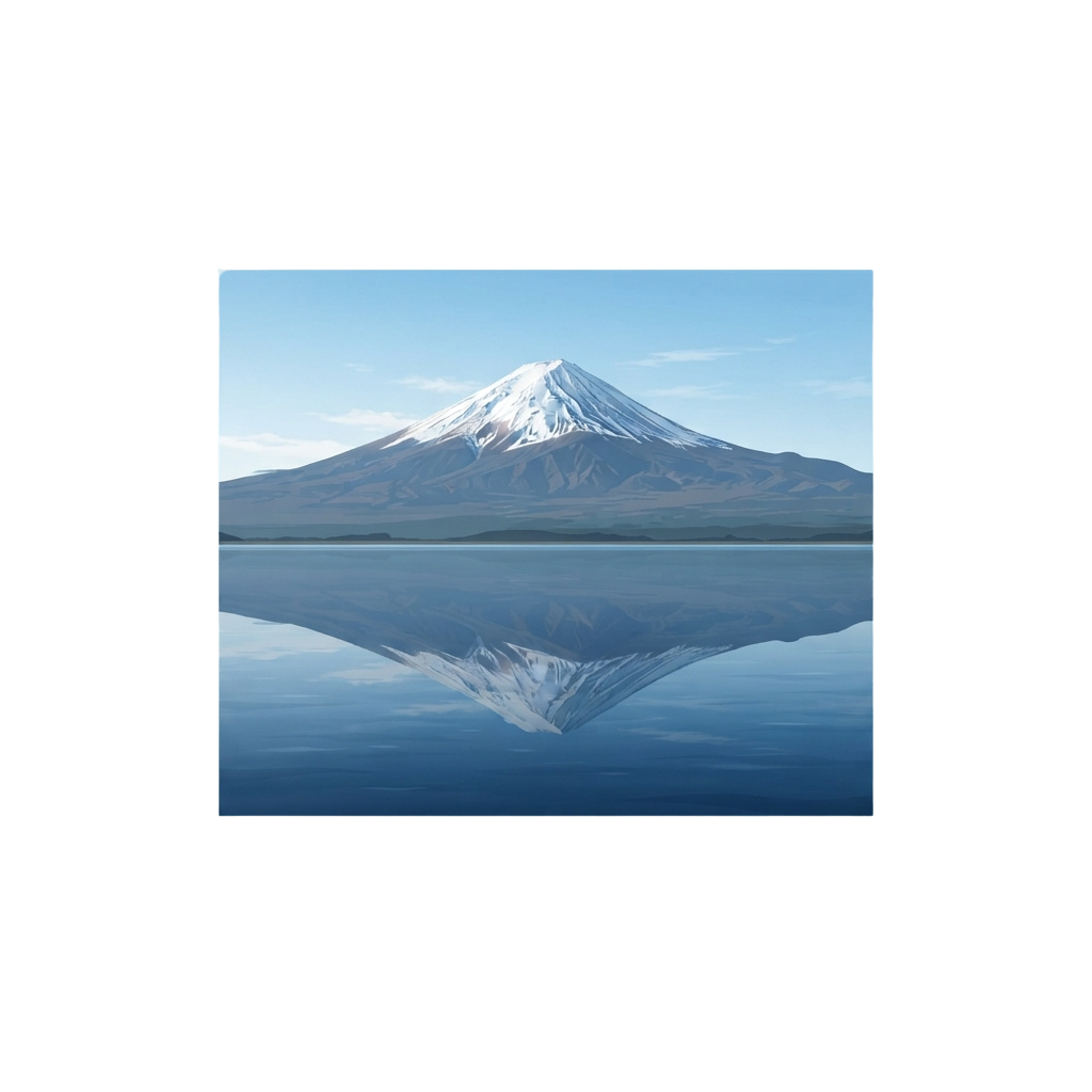 A symmetrical mountain with snow peak reflected in a calm, clear lake under a light blue sky