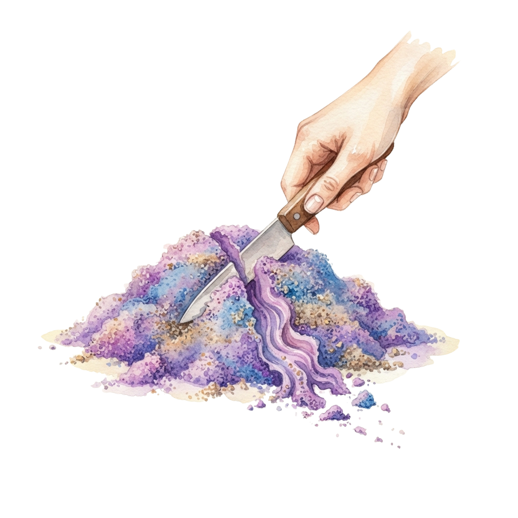 A hand holding a knife cutting through a colorful, textured playdough-like substance.