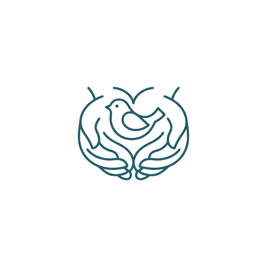 A simple line drawing of a blue dove inside a circular outline on a dark background