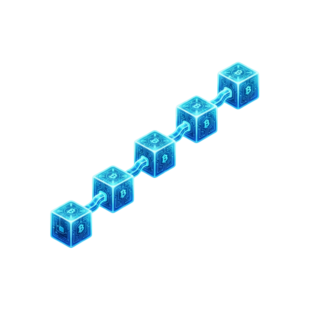 Five glowing blue cubes linked in a chain, representing blockchain technology