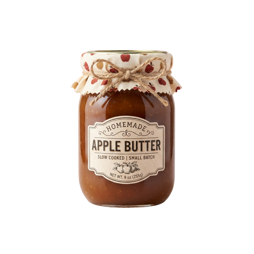 Glass jar of homemade apple butter with a decorative ribbon and label indicating slow-cooked small batch