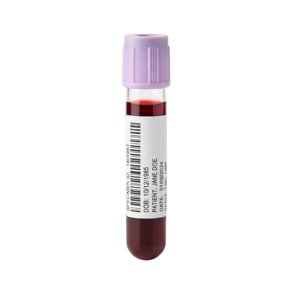 A purple-capped blood collection tube containing red blood sample with patient details label.