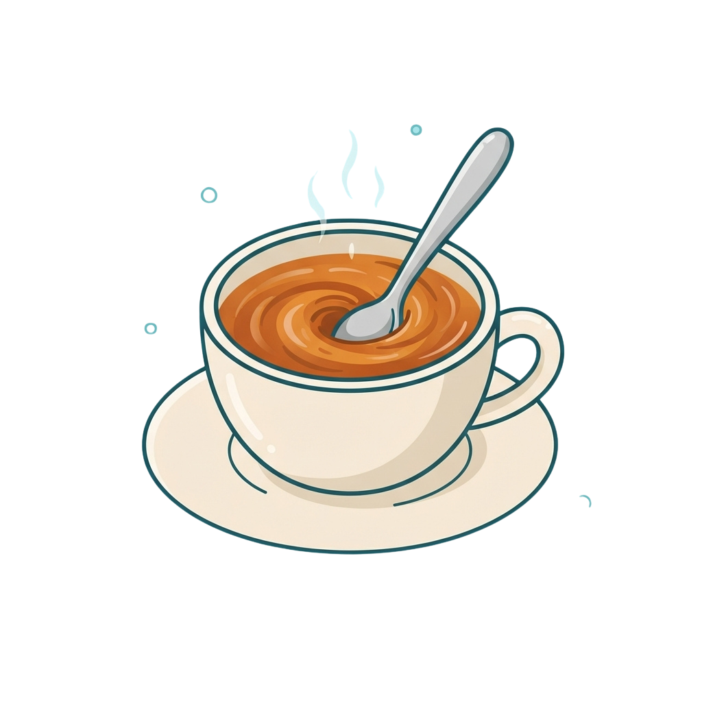 A white coffee cup with a spoon resting inside, placed on a matching saucer, emitting steam.
