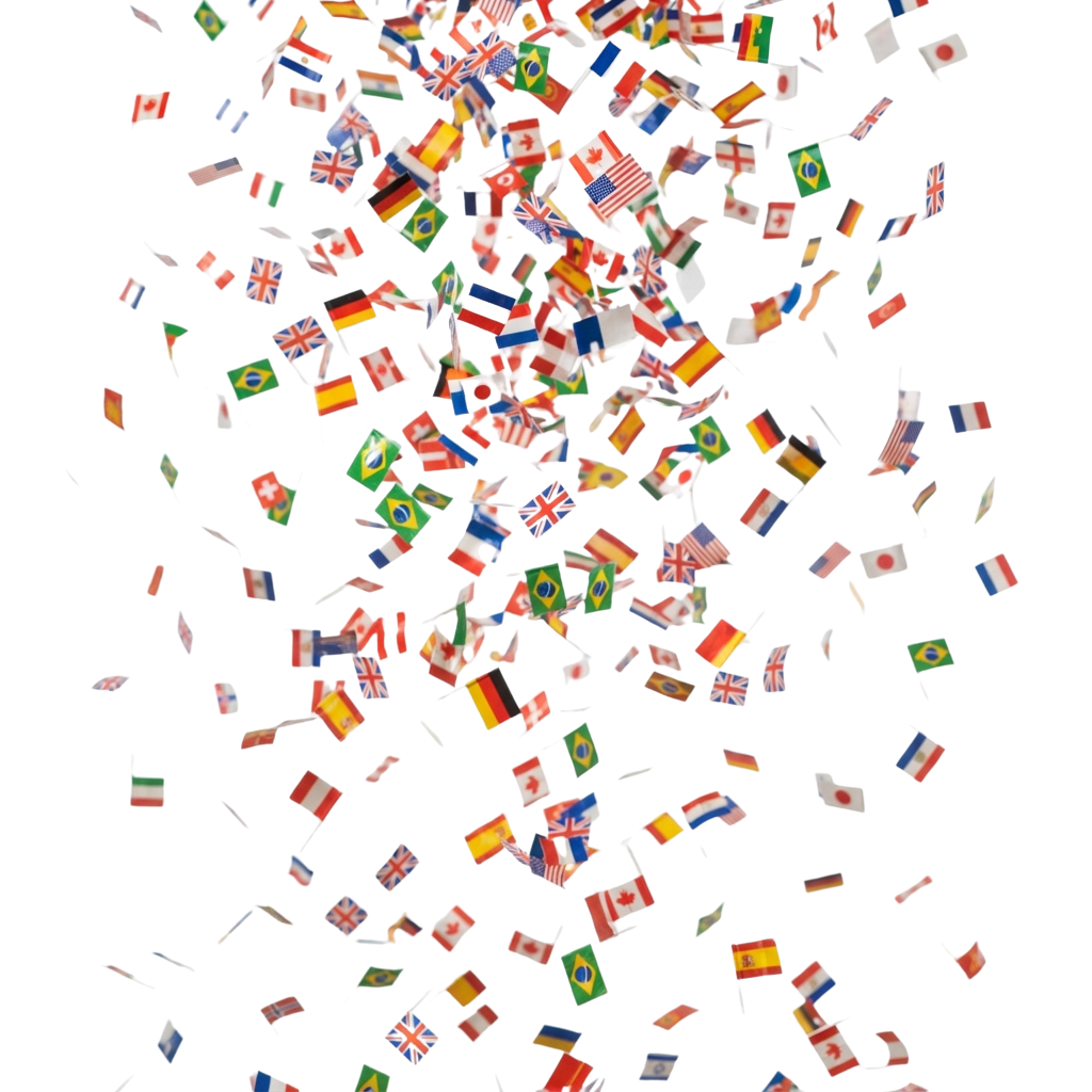A black background filled with flying confetti shaped like various national flags