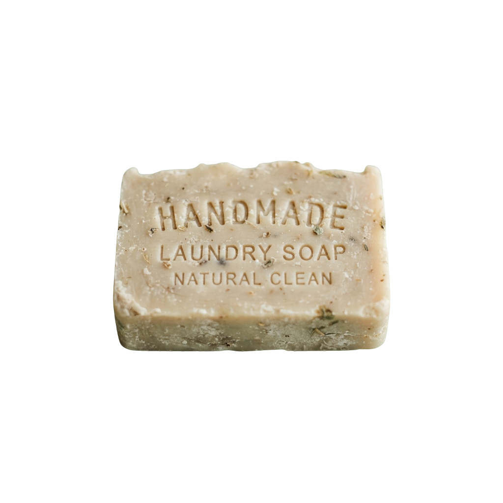 A bar of handmade natural laundry soap with embossed text reading Handmade Laundry Soap Natural Clean