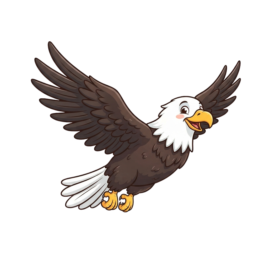 A cartoon bald eagle flying with wings spread wide, white head and tail, brown body, and yellow beak and feet