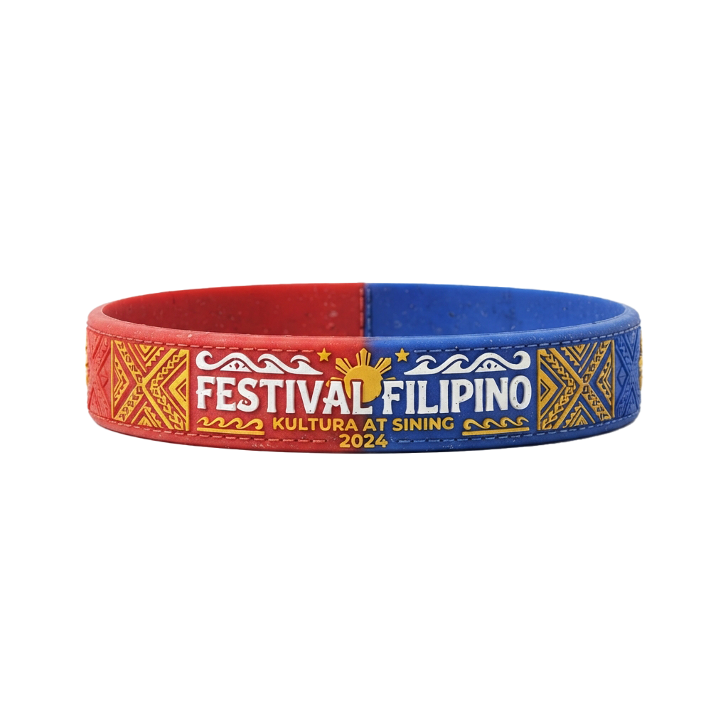 A red and blue wristband featuring text and designs for Festival Filipino 2024 Kultura at Sining event