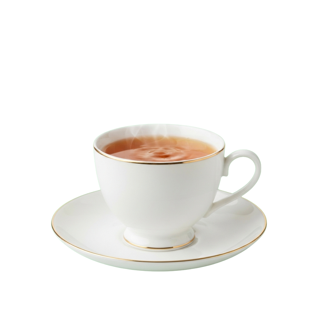 A white tea cup with a saucer and a small saucer for a tea bag, filled with steaming tea.