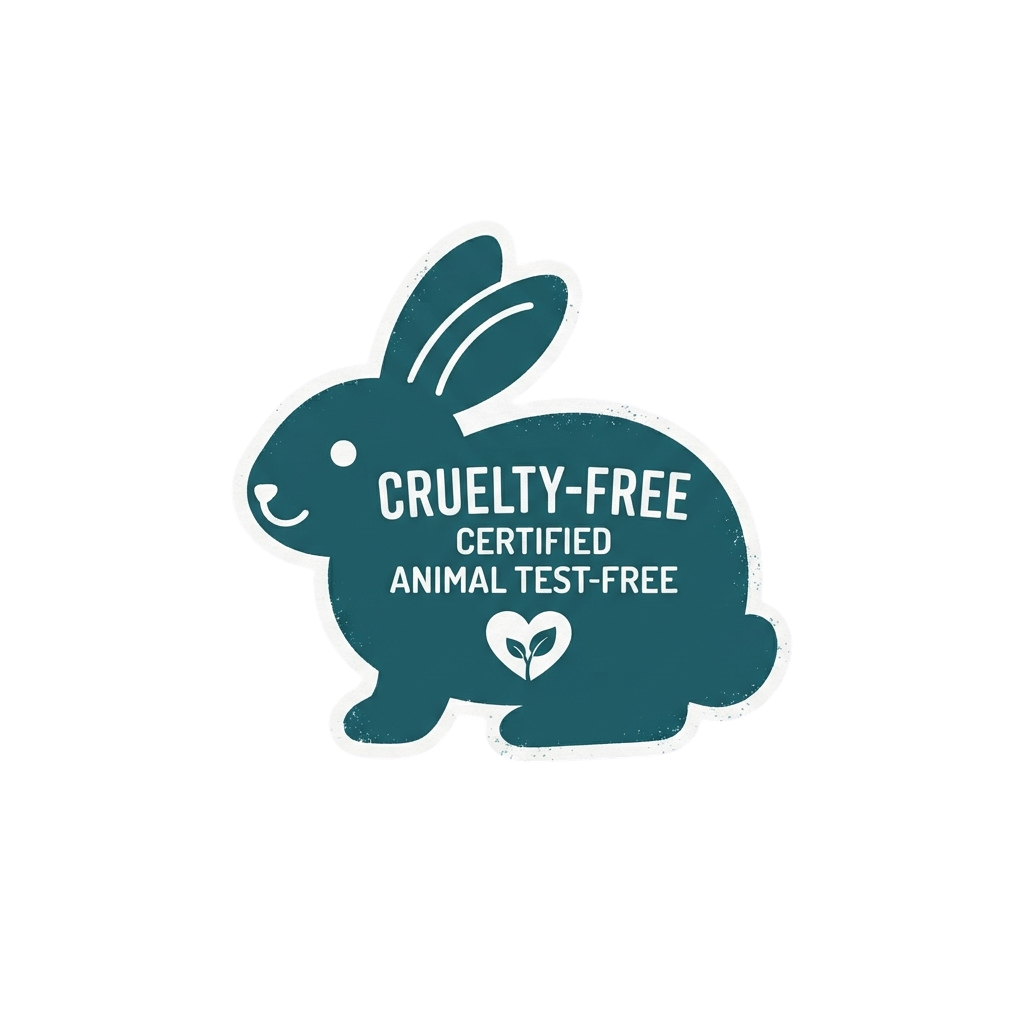 A teal rabbit logo labeled cruelty-free and certified animal test-free with a small heart and leaf symbol