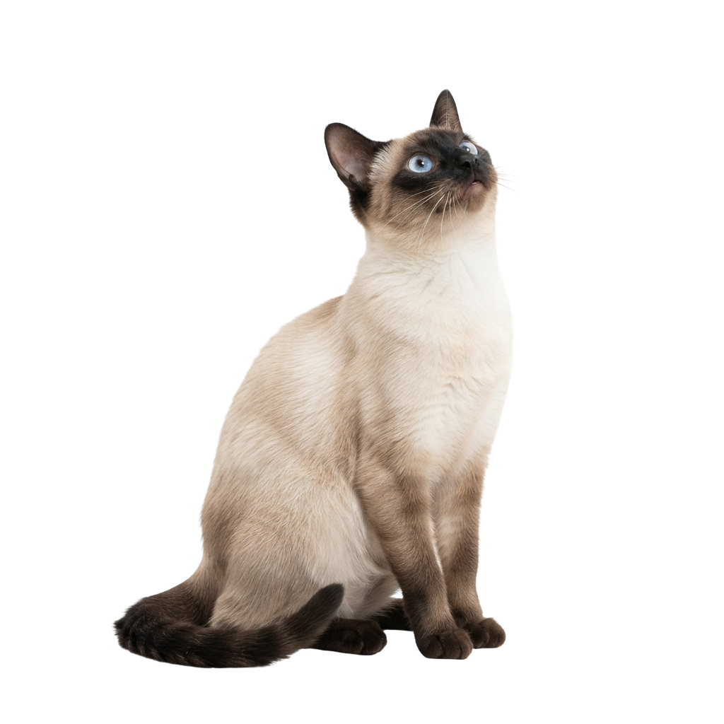 A Siamese cat sitting upright with light cream coat and dark points, looking upward against a black background